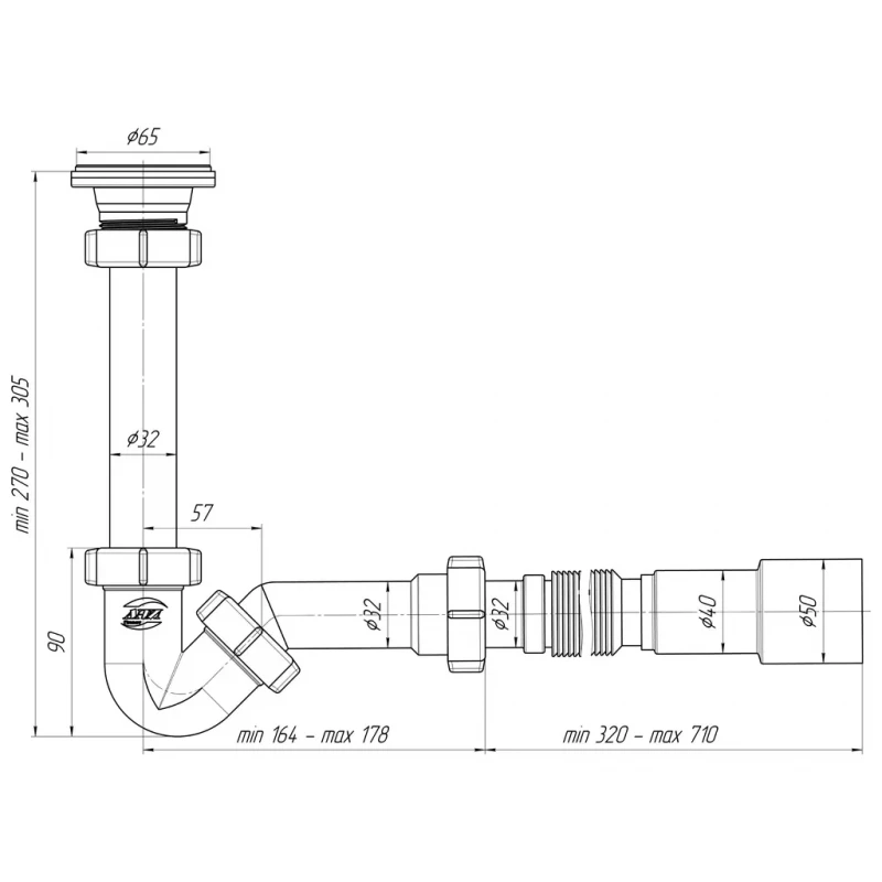 BD1016 Сифон для біде 1 1/4*32 із гнучкою трубкою 32*40/50 {15}