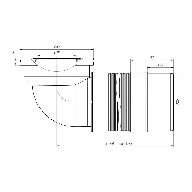 Удлинитель гибкий для унитаза ANI PLAST K732R выпуск Ø110/90° (370-950 мм)