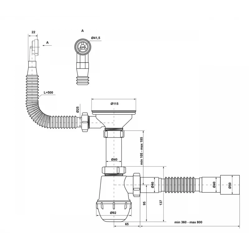 Сифон для кухонной мойки KRONO PLAST M-1055-E Ø40х40/50 с гибким круглым переливом
