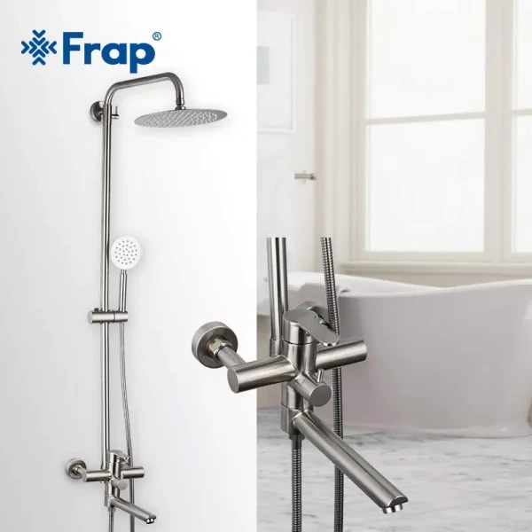 Душевая система FRAP F24801 с поворотным изливом и переключателем на лейку, 1 режим, нержавеющая сталь.