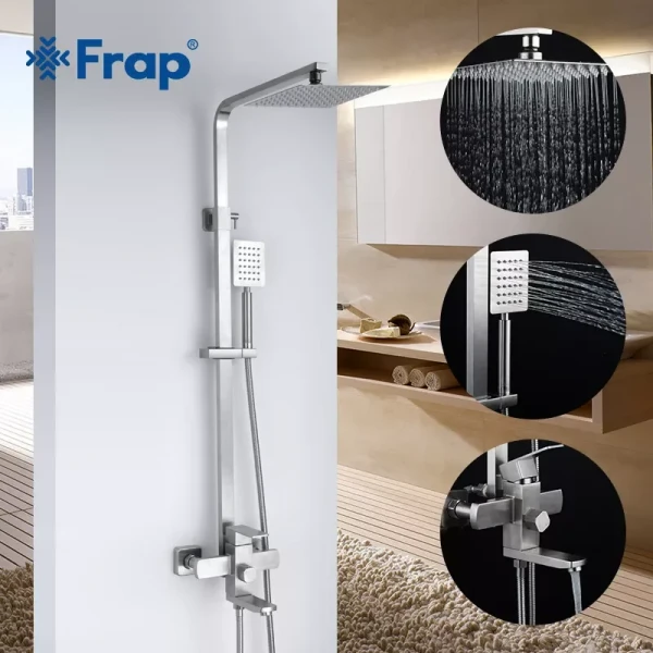Душевая система FRAP F2421 с поворотным изливом, переключателем на лейку, 1 режим, нержавеющая сталь.