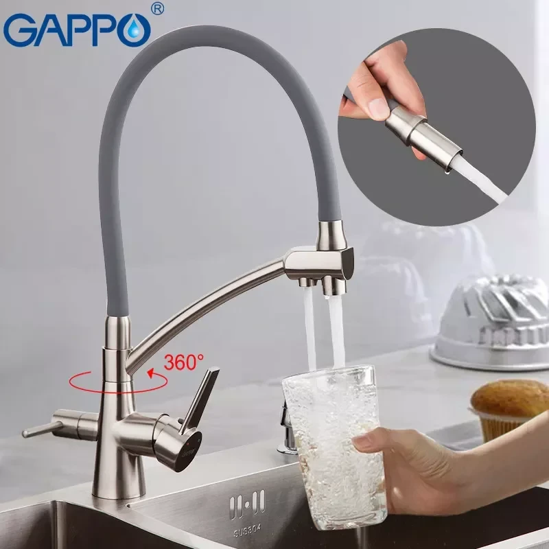 Смеситель для кухни GAPPO G4398 с гибким изливом серый/сатин на две воды