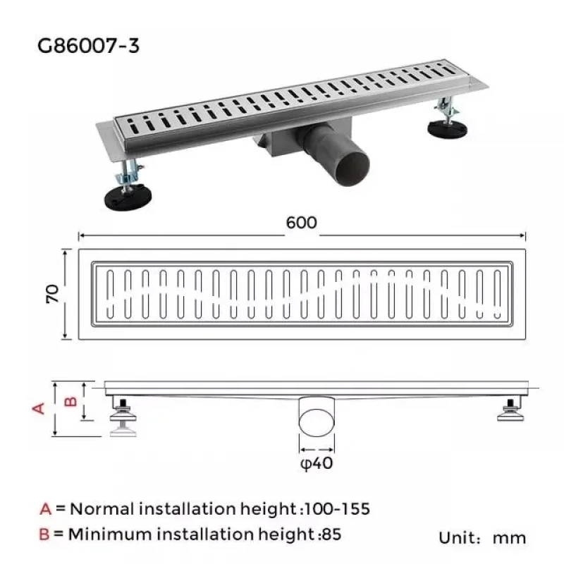 Трап для душа GAPPO G86007-3 70x600 мм нержавеющая сталь