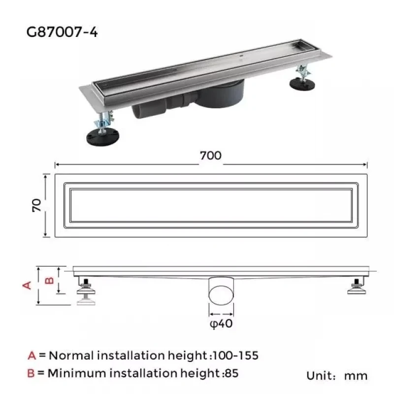 Лінійний трап під плитку GAPPO G87007-4, 70х700 мм, нержавіюча сталь