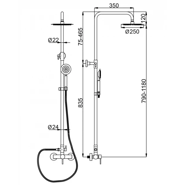 Душевая система WEZER EKO16B-01 нержавеющая сталь с девиатором на 2 режима
