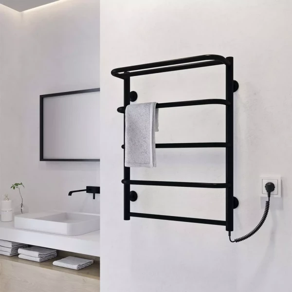 Полотенцесушитель электрический DEFFI Стандарт с полкой 500x700 100 Вт левый черный