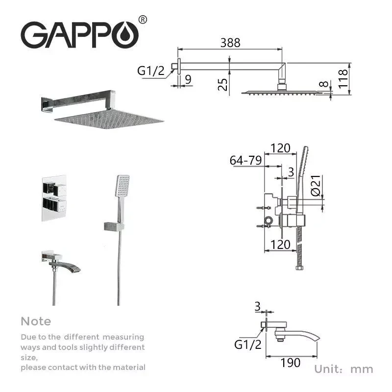 Душевая система встроенная GAPPO G7107-40 хромированная с переключателем на лейку 3-функции
