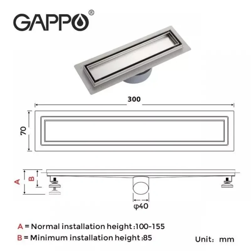 Душевой трап GAPPO G83007-4 70x300 мм из нержавеющей стали под плитку