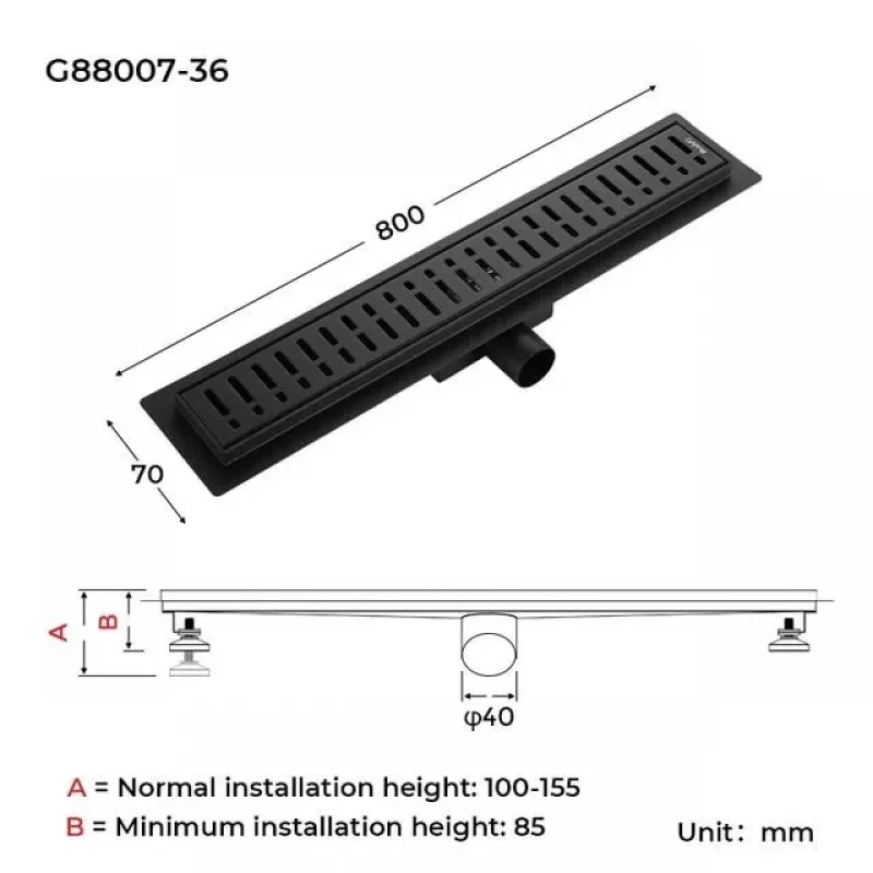 Трап для душа GAPPO G88007-36 70x800 мм из нержавеющей стали черный