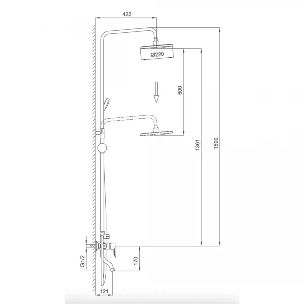 Душова система FRUD R24154, поворотний вилив - перемикач на лійку/душ, 3 режими, хром
