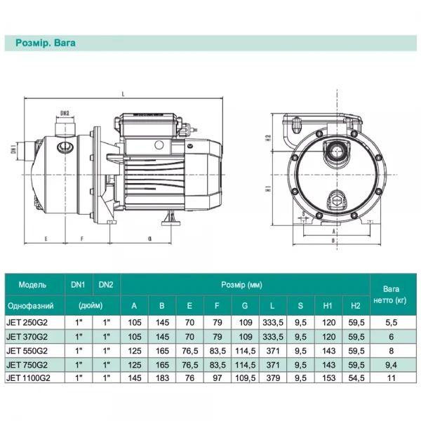 Центробежный насос SHIMGE JET370G2 0.37 кВт, Hmax=32 м, Qmax=60 л/мин.