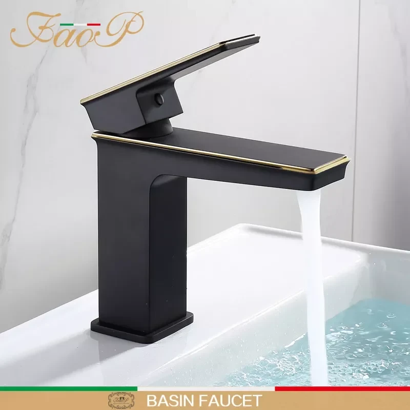 Змішувач для раковини FAOP A1006-6, чорний-золото.