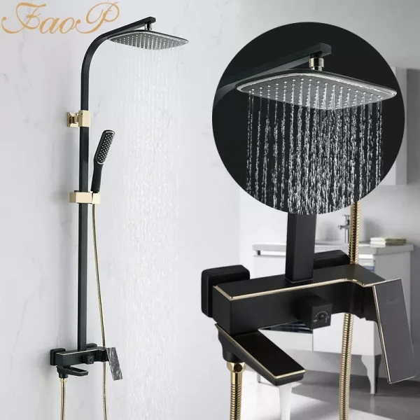 Душевая система FAOP A2406-6 с переключателем на лейку черная с золотом, 1 режим