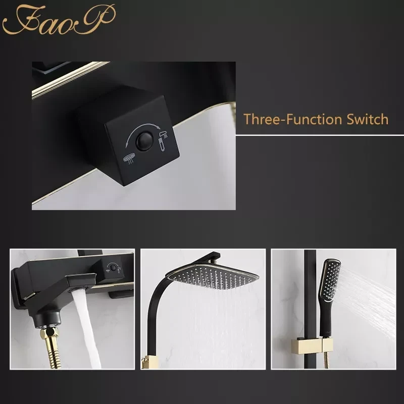 Душова система FAOP A2406-6, вилив - перемикач на лійку, 1-режим, чорний-золото