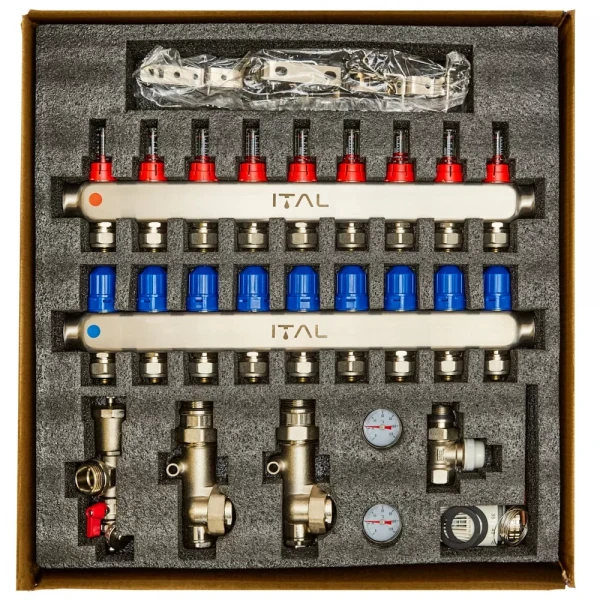 Комплект колектора з витратомірами ITAL UHW-A09, нержавіюча сталь, підкл. пряме