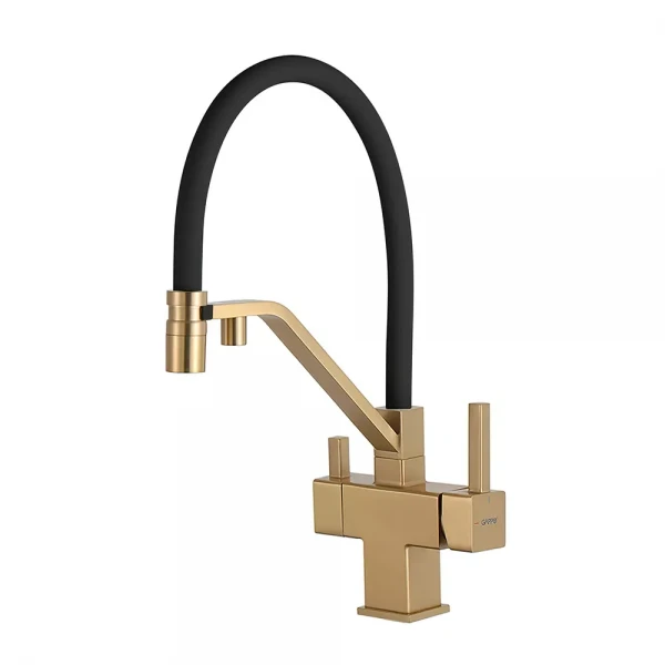 Смеситель для кухни GAPPO G4395-63 однорычажный с высоким силиконовым изливом латунный крепеж шпилькой картридж 90° Ø35 золото / черный
