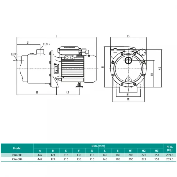 Центробежный насос SHIMGE PXm804 многоступенчатый 1.5 кВт (максимальный напор 45 м, максимальная производительность 233 л/мин)