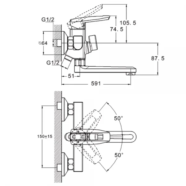 Смеситель для ванны WEZER NOF3 однорычажный с коротким поворотным изливом хромированный сплав Ø35