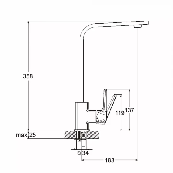 Смеситель для кухни WEZER NOF4-B однорычажный с поворотным изливом крепления шпилькой Ø35 хром
