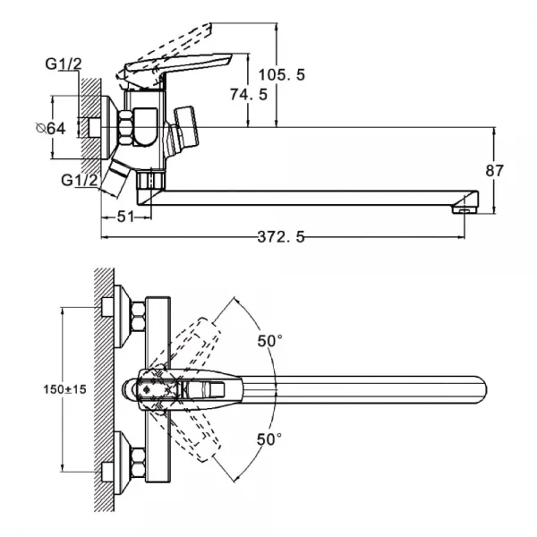 Смеситель для ванны WEZER NOF7 однорычажный с длинным поворотным изливом хромированный сплав Ø35