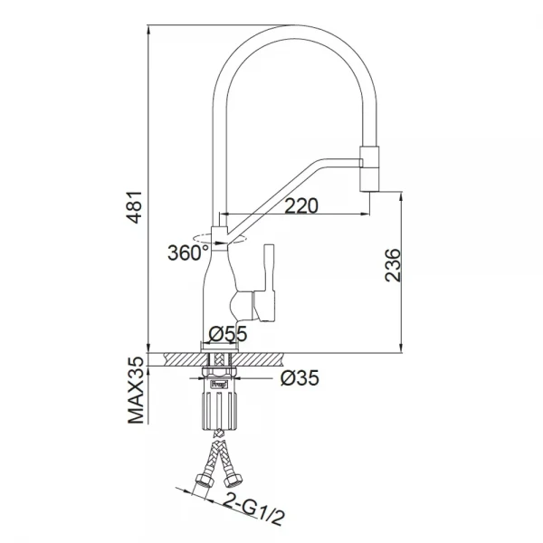 Смеситель для кухни FRAP F4497 однорычажный с силиконовым изливом крепления гайкой корпус латунный Ø35 хром