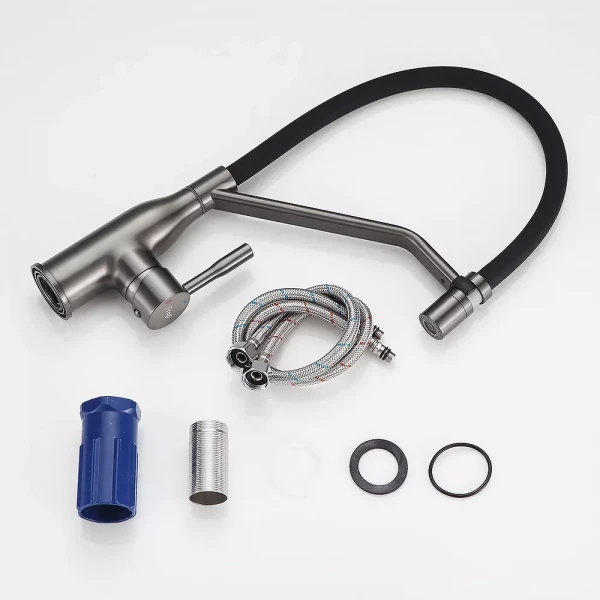 Смеситель для кухни FRAP F4497-9 однорычажный с силиконовым изливом серый Gungrey, латунный корпус, крепление гайкой, картридж 90° Ø35