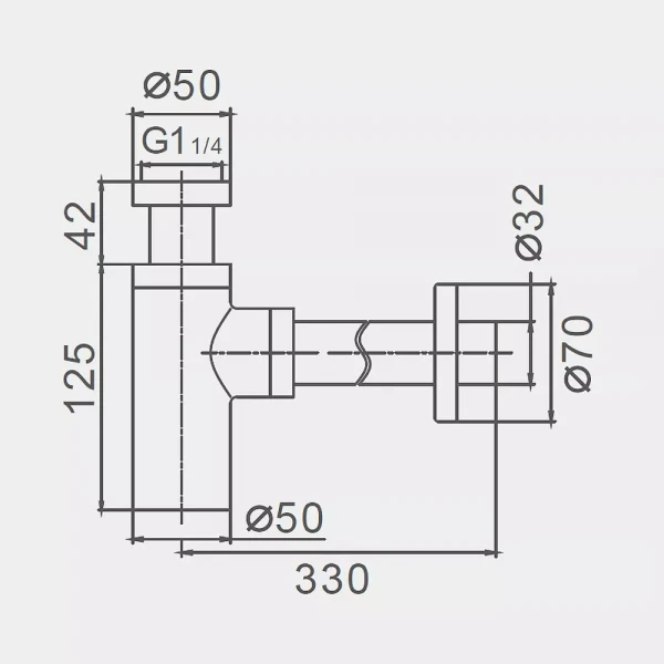 F82-9 сифон для раковини. для дон.клапана склянка. вихід у стіну (сірий Gungrey) {20}