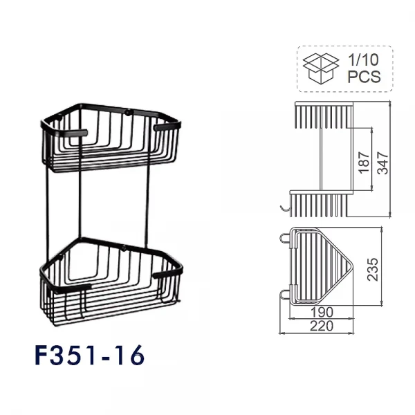 F351-16 полка кутова подвійна з гачками нерж. сталь (чорна)** {10}