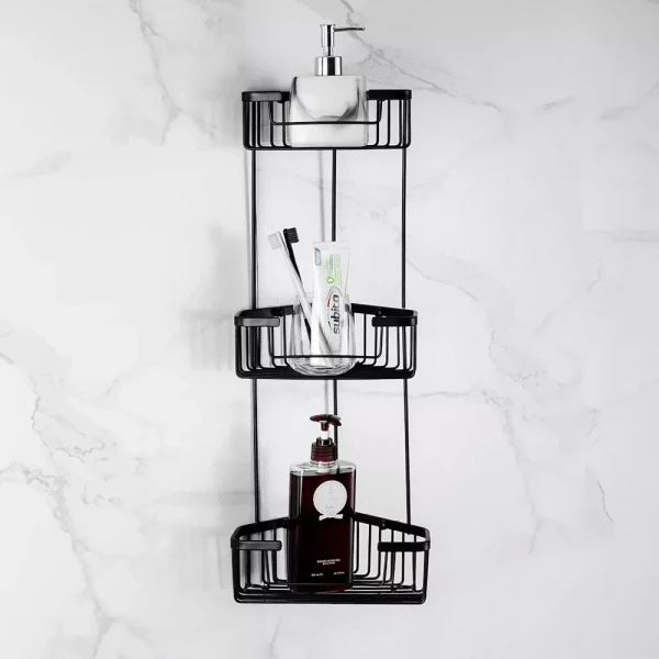 F351-26 полка кутова потрійна з гачками нерж. сталь (чорна)** {10}