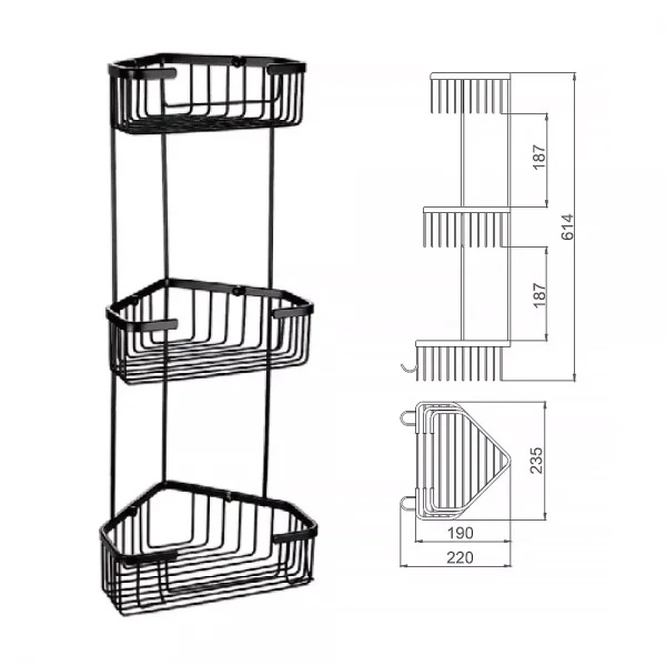 F351-26 полка кутова потрійна з гачками нерж. сталь (чорна)** {10}