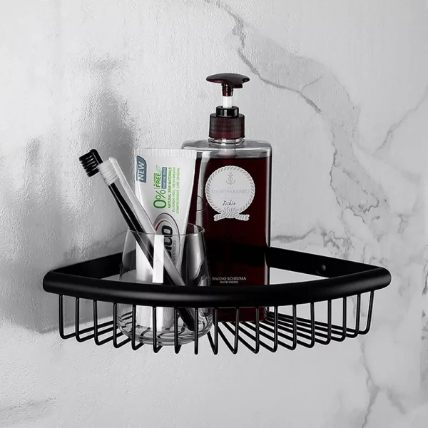 F352-6 полиця кутова одинарна з гачками нерж. сталь (чорна)** {20}