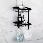 F352-16 полиця кутова подвійна з гачками нерж. сталь (чорна)** {10}