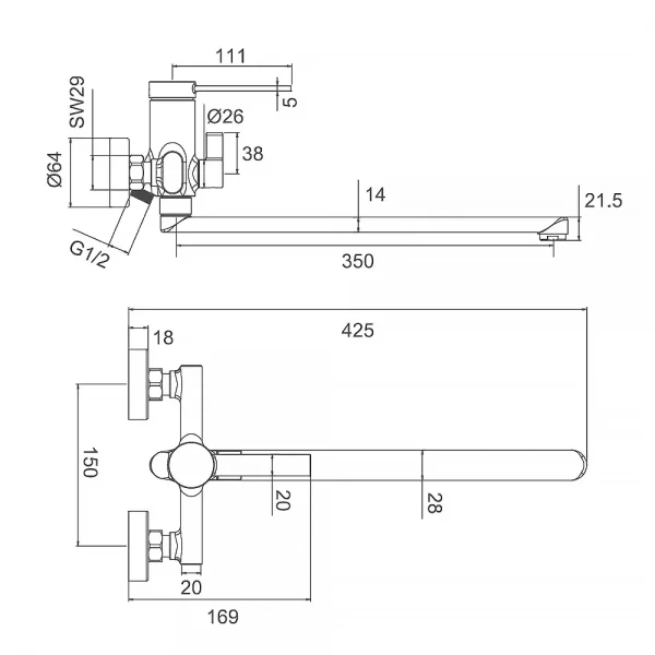 Смеситель для ванны FRAP F2267 однорычажный с длинным плоским изливом хромированный латунный корпус Ø35