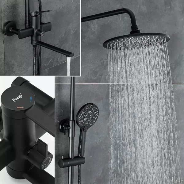 Душевая система FRAP F2467-6 с тремя функциями и поворотным изливом черная латунный корпус Ø35