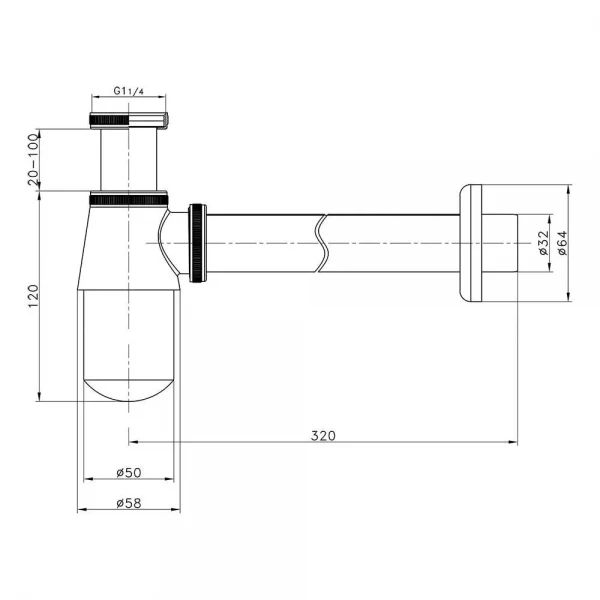 Сифон для раковини ITAL HF6002 під донний клапан, латунь, хром