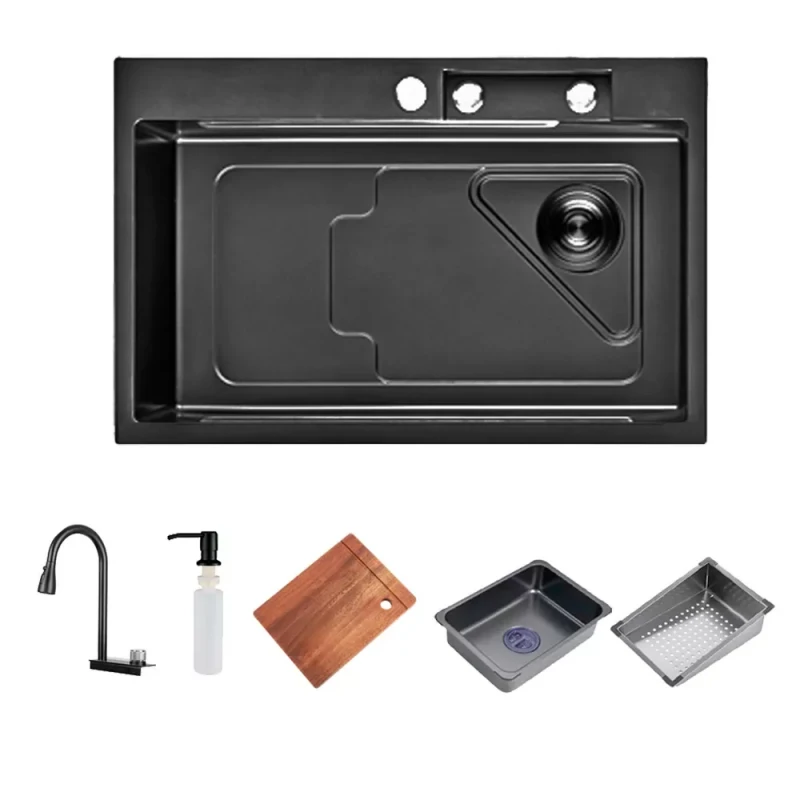 Мойка ITAL PROFI 720x460x215 мм с сифоном, дозатором, корзиной, доской и смесителем PVD Black