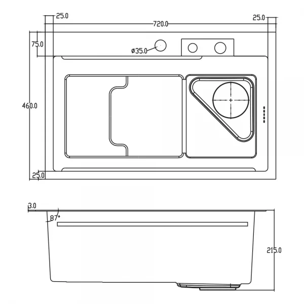 ID 7246-BC мийка PROFI 720x460x215мм,(3.0/0.8мм),сифон. дозат. 2 кош, дошк, зміщувач PVD Black {1/1}