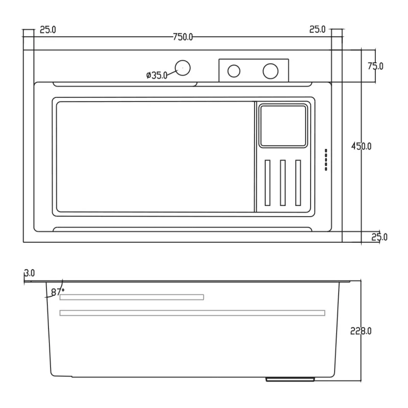 Мойка ITAL PROFI 750x450x215 мм с сифоном, дозатором для мыла (2 шт), доской и смесителем PVD черный