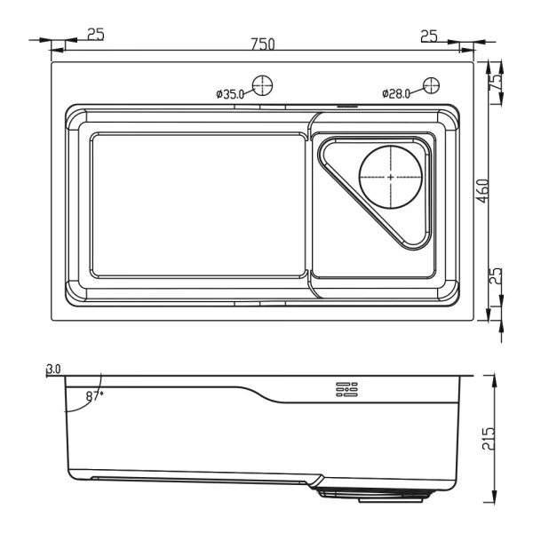 ID 7546-B мийка 750x460x215мм,(3.0/0.8мм),сифон. дозат. 2 кошика PVD Black {1/1}