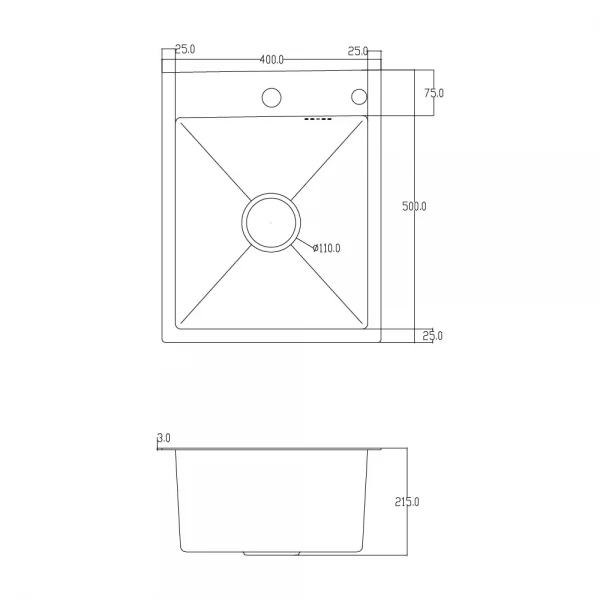 ID 4050 мийка одинар.400x500x215мм (3.0/0.8мм) SUS 304 сифон, дозатор, кошик Satin, {1/1}