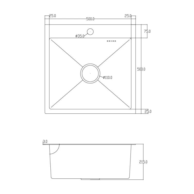 Кухонная мойка ITAL 500x500x215 мм с сифоном, дозатором и корзиной PVD Black