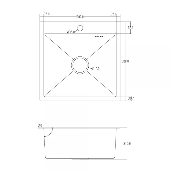 ID 5050 мийка одинар.500x500x215мм, (3.0/0.8мм),SUS 304 сифон, дозатор, кошик, Satin {1/1}