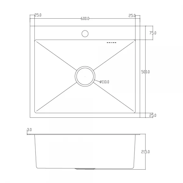 ID 6050 мийка одинар.600x500x215мм, SUS 304 (3.0/0.8мм), сифон, дозатор, кошик, Satin{1/1}