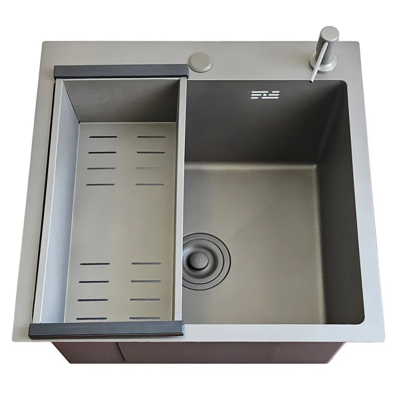 Мойка ITAL 600x500x215 мм одинарная с сифоном, дозатором и корзиной PVD Grey (3.0/0.8мм)