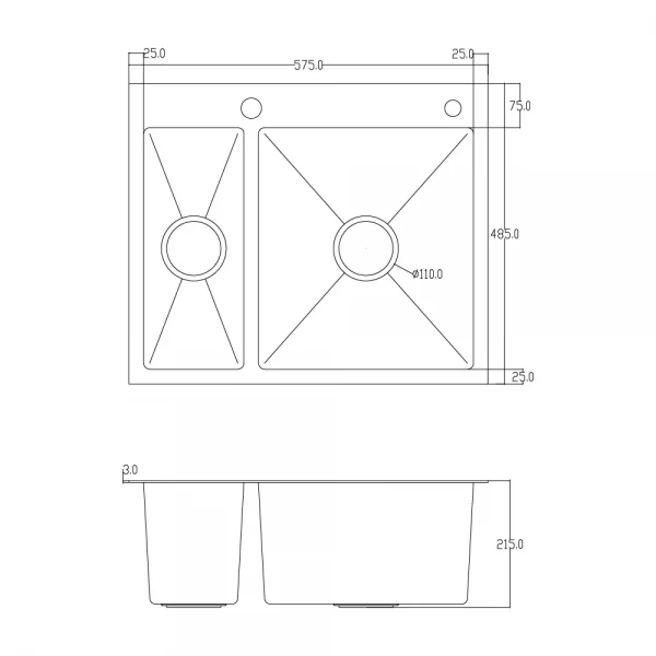 ID 575 485  мийка подвійн..575x485x215мм, (3.0/0.8мм), SUS 304 сифон, дозатор, кошик, Satin {1/1}