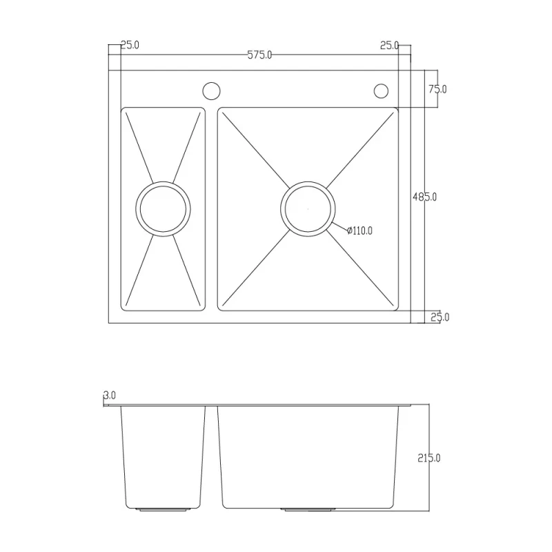 Мойка кухонная ITAL 575x485x215 мм двойная с сифоном, дозатором, корзиной PVD Black