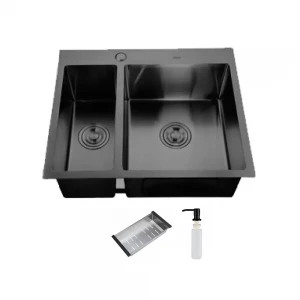 Мойка кухонная ITAL 575x485x215 мм двойная с сифоном, дозатором, корзиной PVD Black