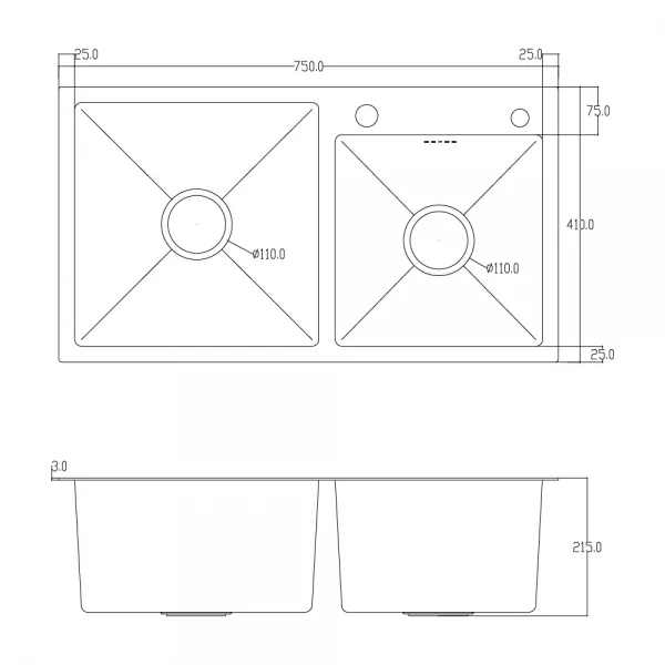 ID 7541 мийка подвійн.750x410x215мм,  (3.0/0.8),SUS 304 сифон, дозатор  кошик, Satin {1/1}
