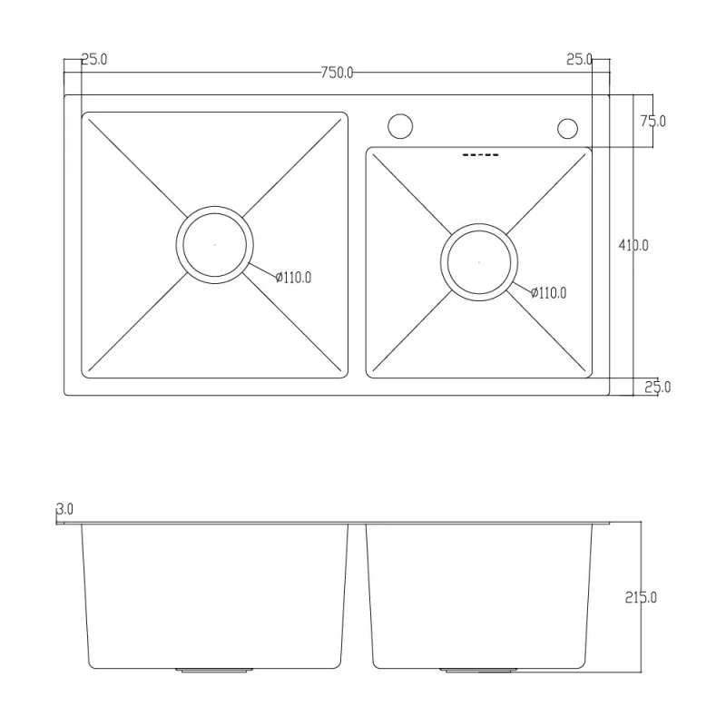 Мойка ITAL 750x410x215 мм двойная из нержавеющей стали SUS 304 (3.0/0.8) с сифоном, дозатором и корзиной Satin