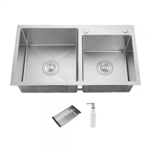 Мойка ITAL 750x410x215 мм двойная из нержавеющей стали SUS 304 (3.0/0.8) с сифоном, дозатором и корзиной Satin